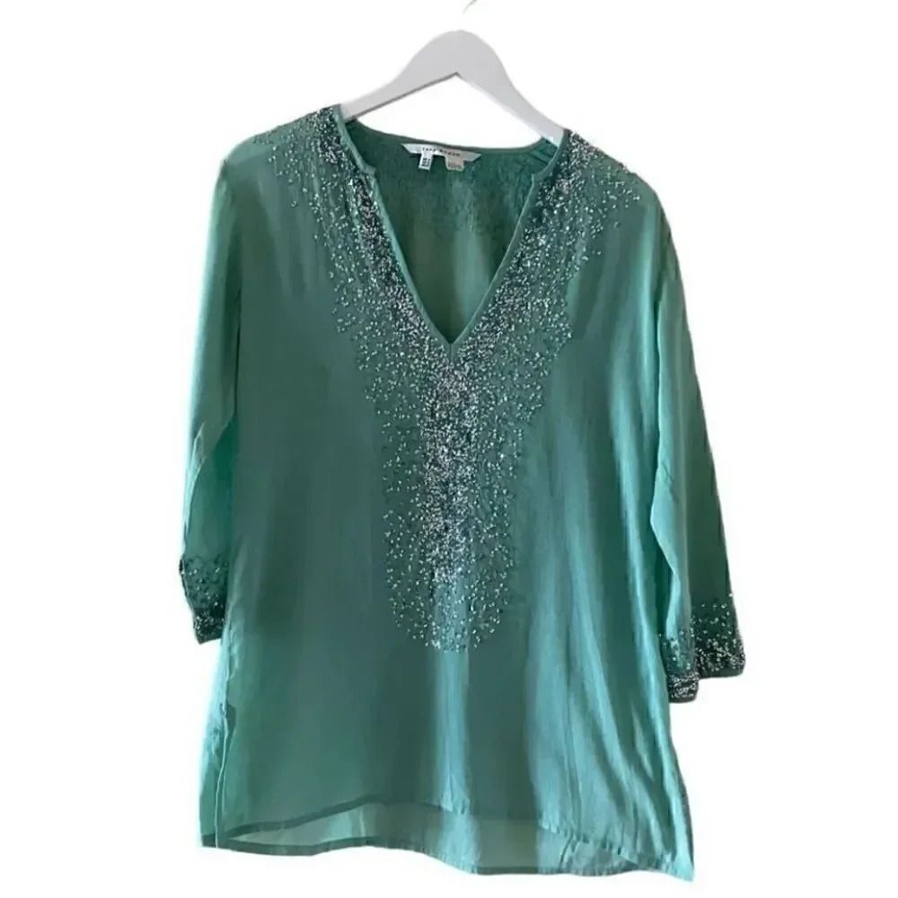 Zara Women’s Green V-Neck Embellished Cotton Long Sleeves Blouse SZ M #1163
